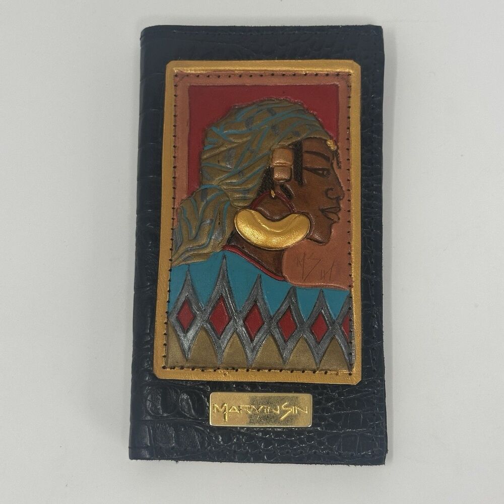 Marvin Sin Leather Wallet Embossed Afro Art Check Book Holder